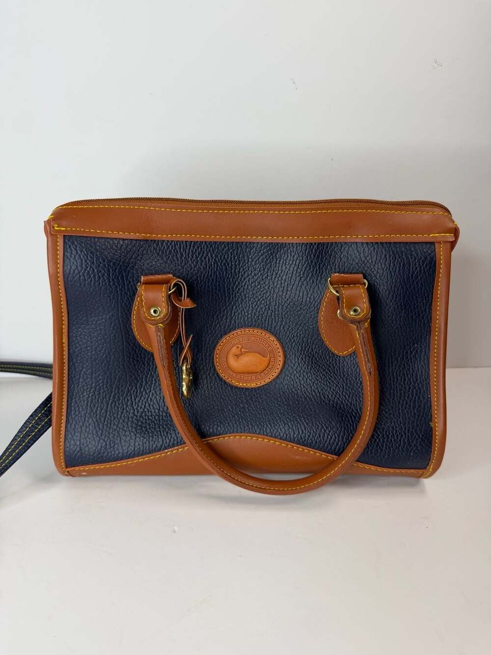 Dooney & Bourke All Weather Leather Satchel Navy Blue Brown Vintage Bag